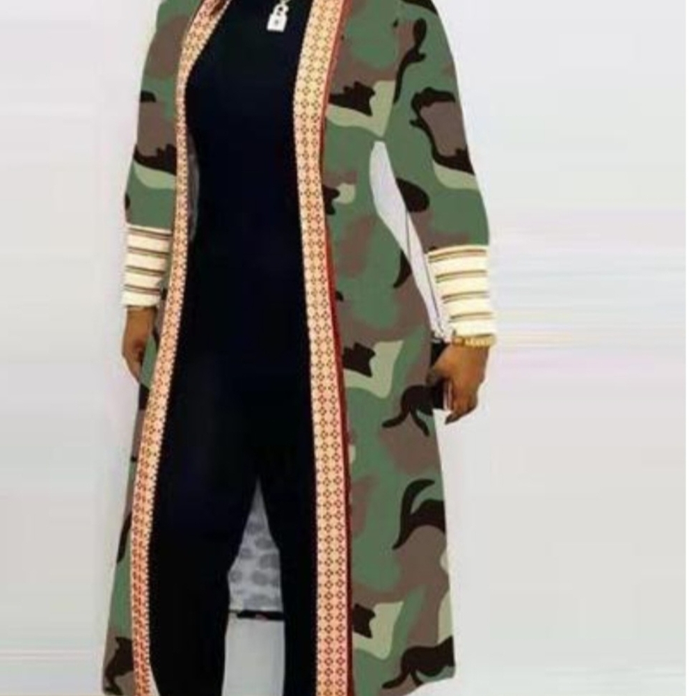 Camouflage Long Open Duster Cardigan with Trim